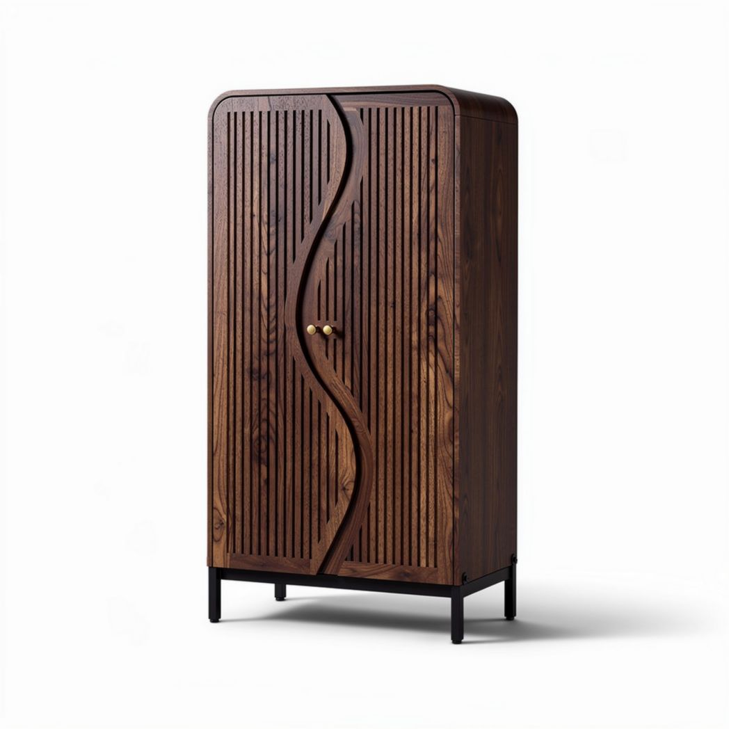 Houten kast met golvende deuren en zwart metalen poten 150 x 80 x 40cm