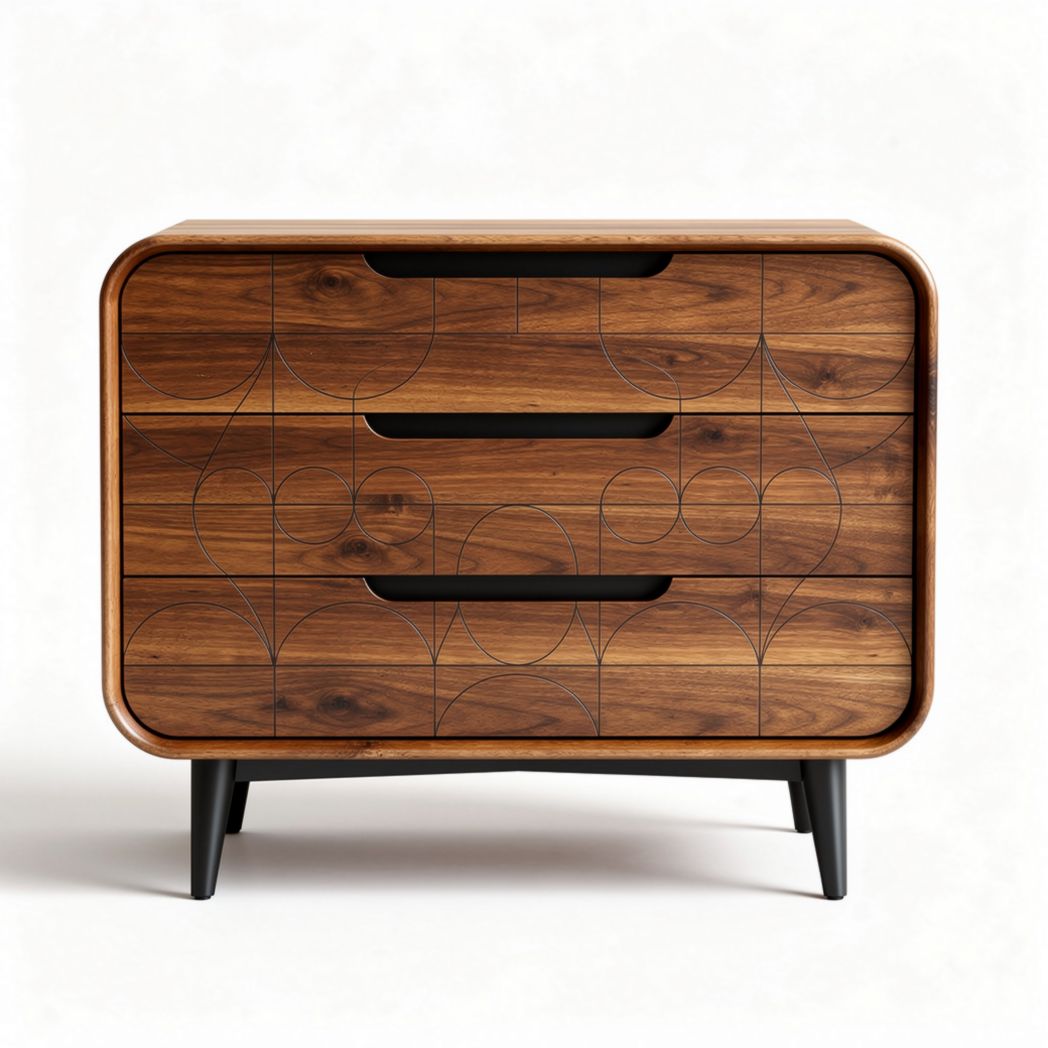 Houten ladekast met drie lades en zwart gevlamde handgrepen 80 x 40 x 75cm