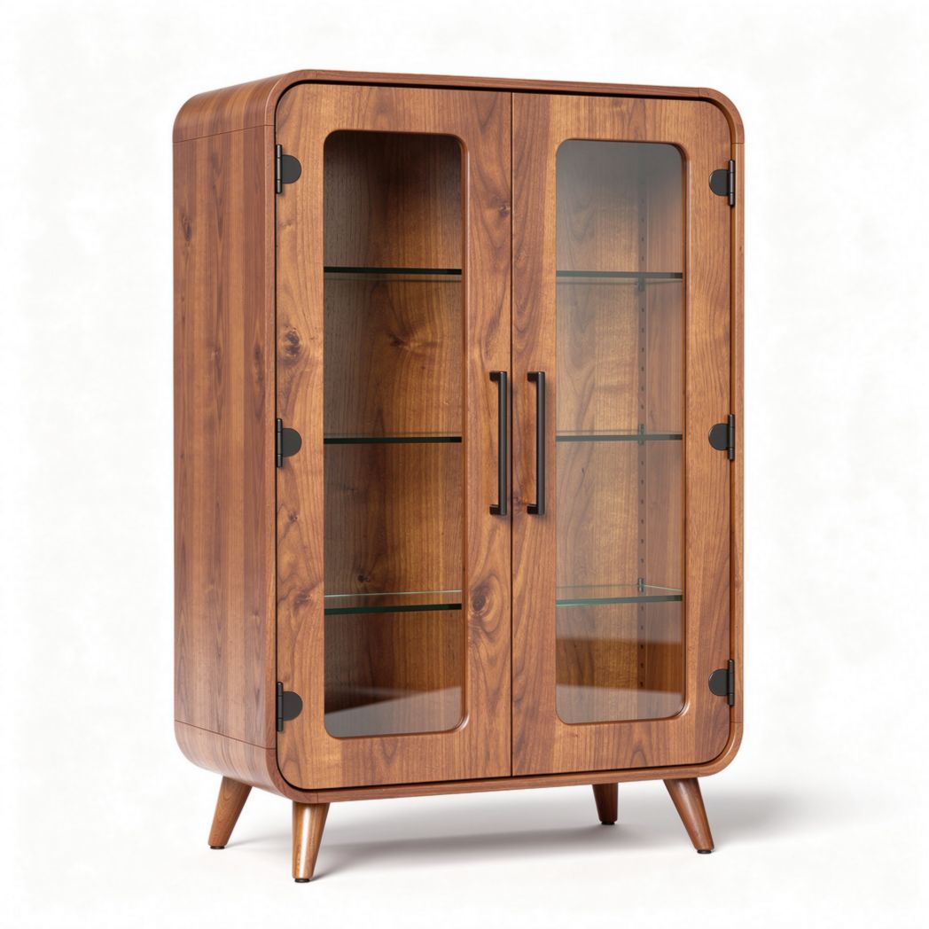 Houten vitrinekast met glazen deuren en glazen planken 80 x 40 x 120cm