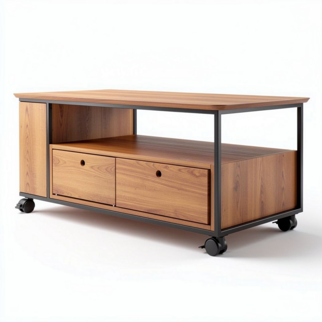 Houten salontafel met metalen frame en wielen 120 x 60 x 45cm